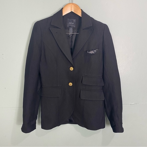 Smythe Black Linen‎ Blend Elbow Patch Equestrian Blazer Jacket Sz 4 - Picture 1 of 10
